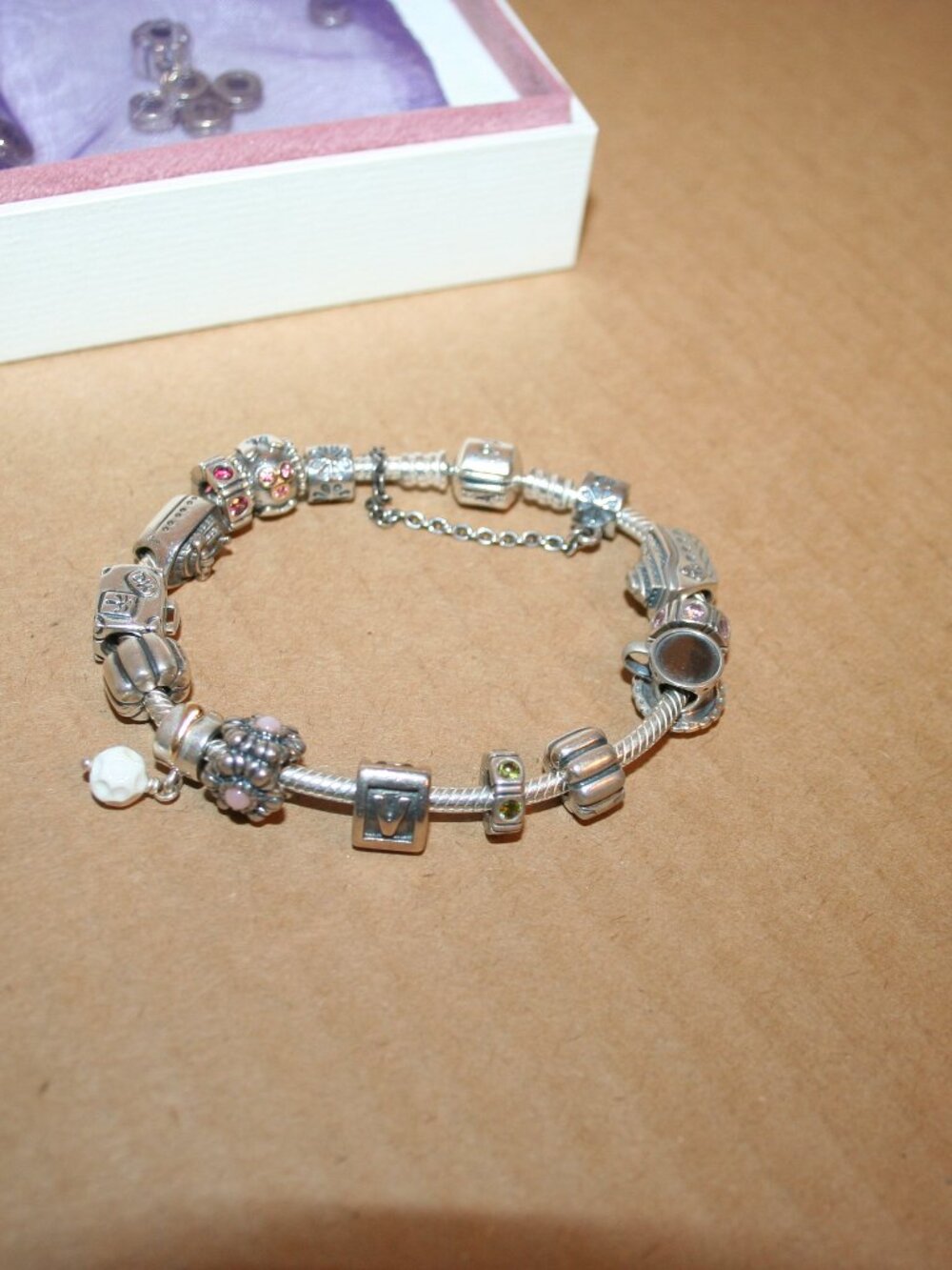 Pandora Barrel Clasp Snake Chain Sterling Silver w 14 Charms Bracelet  7 1/4"